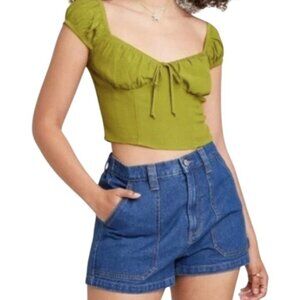 Wild Fable Green Apple Sweetheart Tie-Front Top | Ruched Back | Cap Sleeve | XS